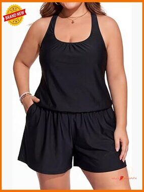 Plus Size Swim Romper with Pockets One Piece Bathing Suit Modest Shorts